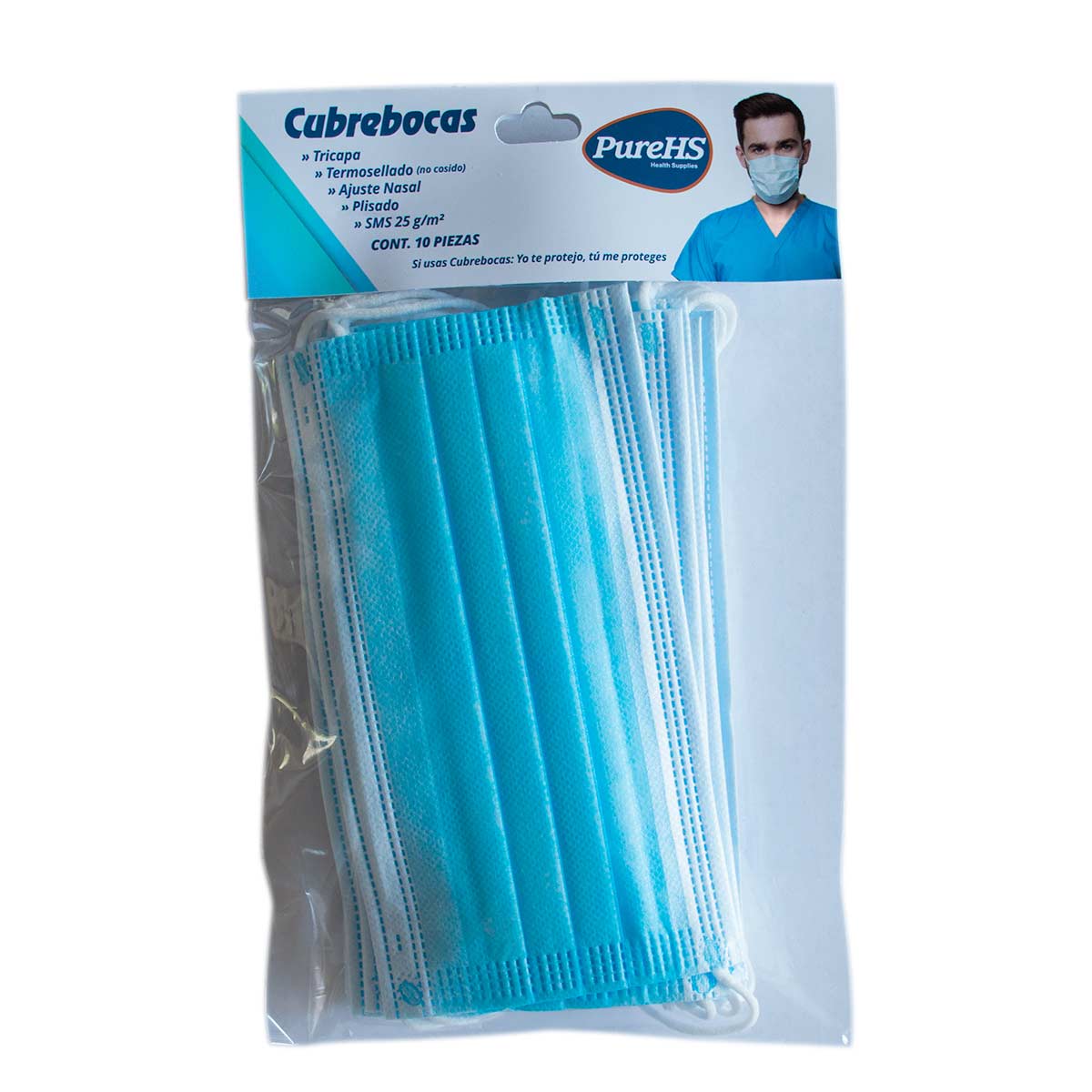 Cubrebocas Purehs Tricapa Termosellado Plisado con Ajuste Nasal 10 Piezas