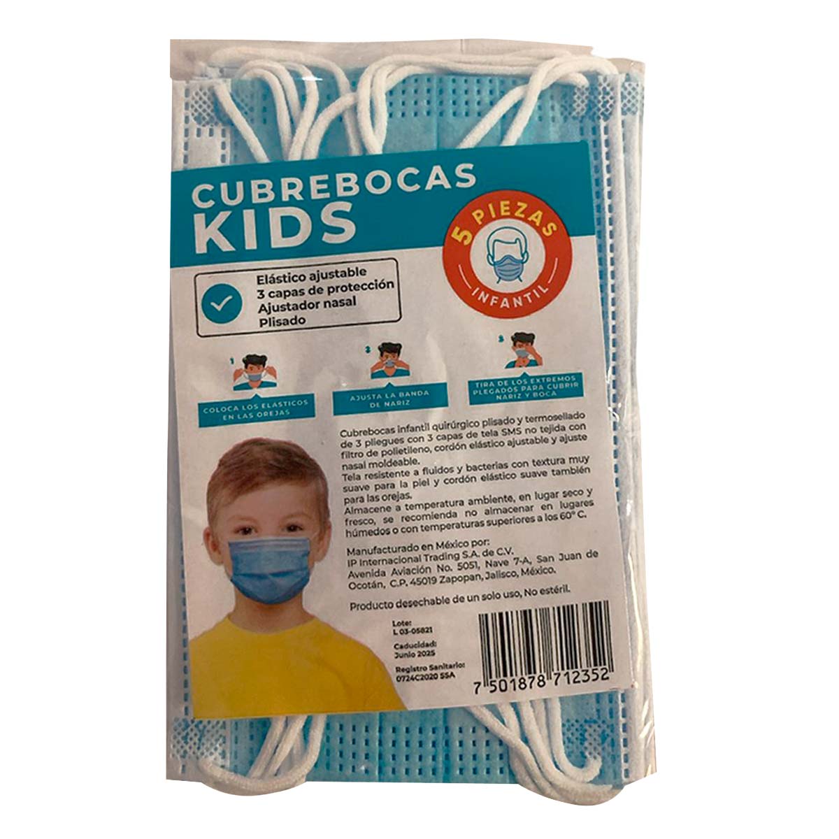 Cubrebocas Kids 3 Capas con 5 Piezas
