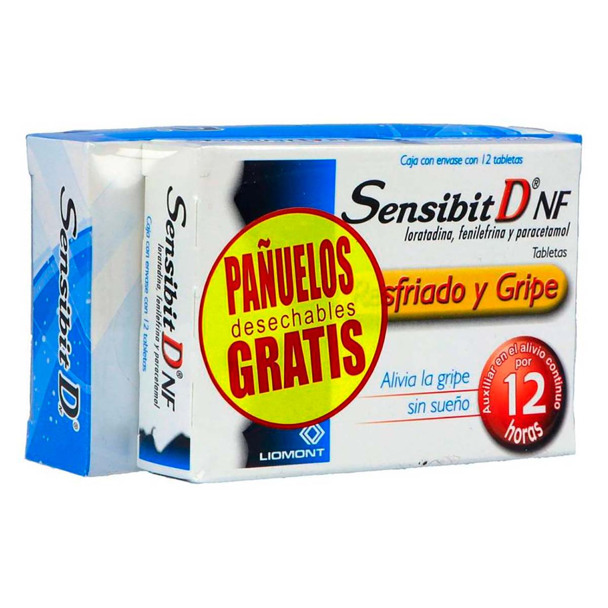 Tabletas Sensibit D NF Resfriado y Gripe Caja con 12 Tabletas + Pañuelos Kleenex