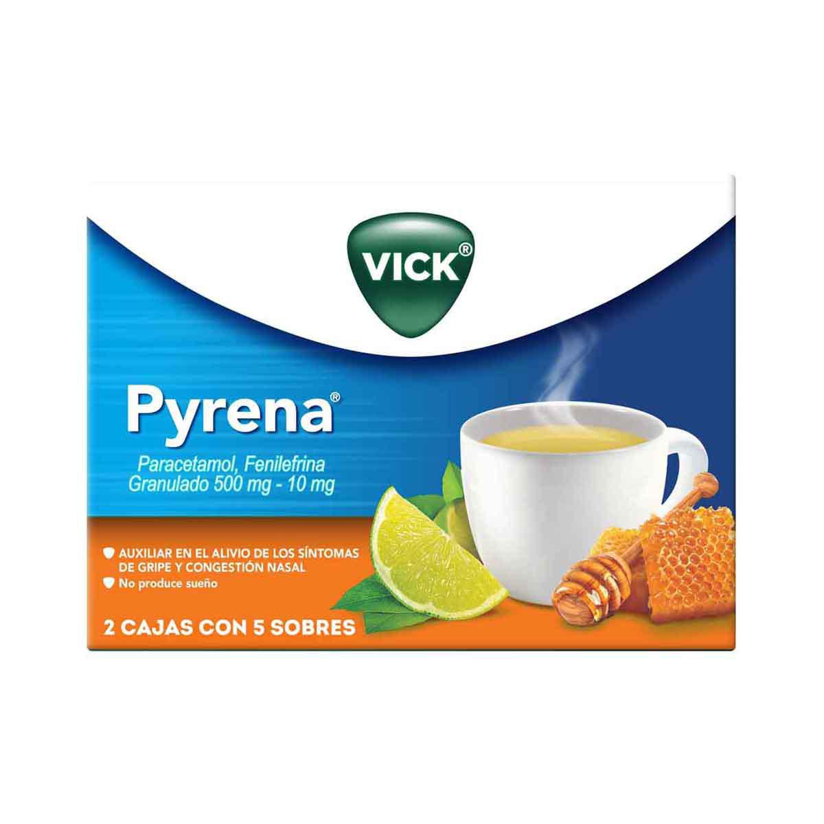 Vick Pyrena Alivio y confort para los síntomas de la gripa 10 sobres miel-limón