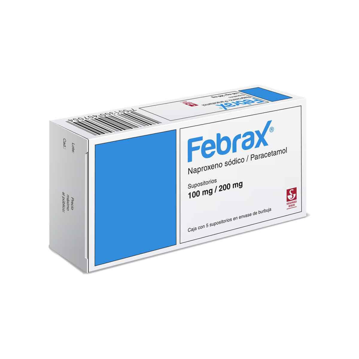 Febrax Niños 100 mg / 200 mg - Caja con 5 supositorios (Naproxeno y Paracetamol)