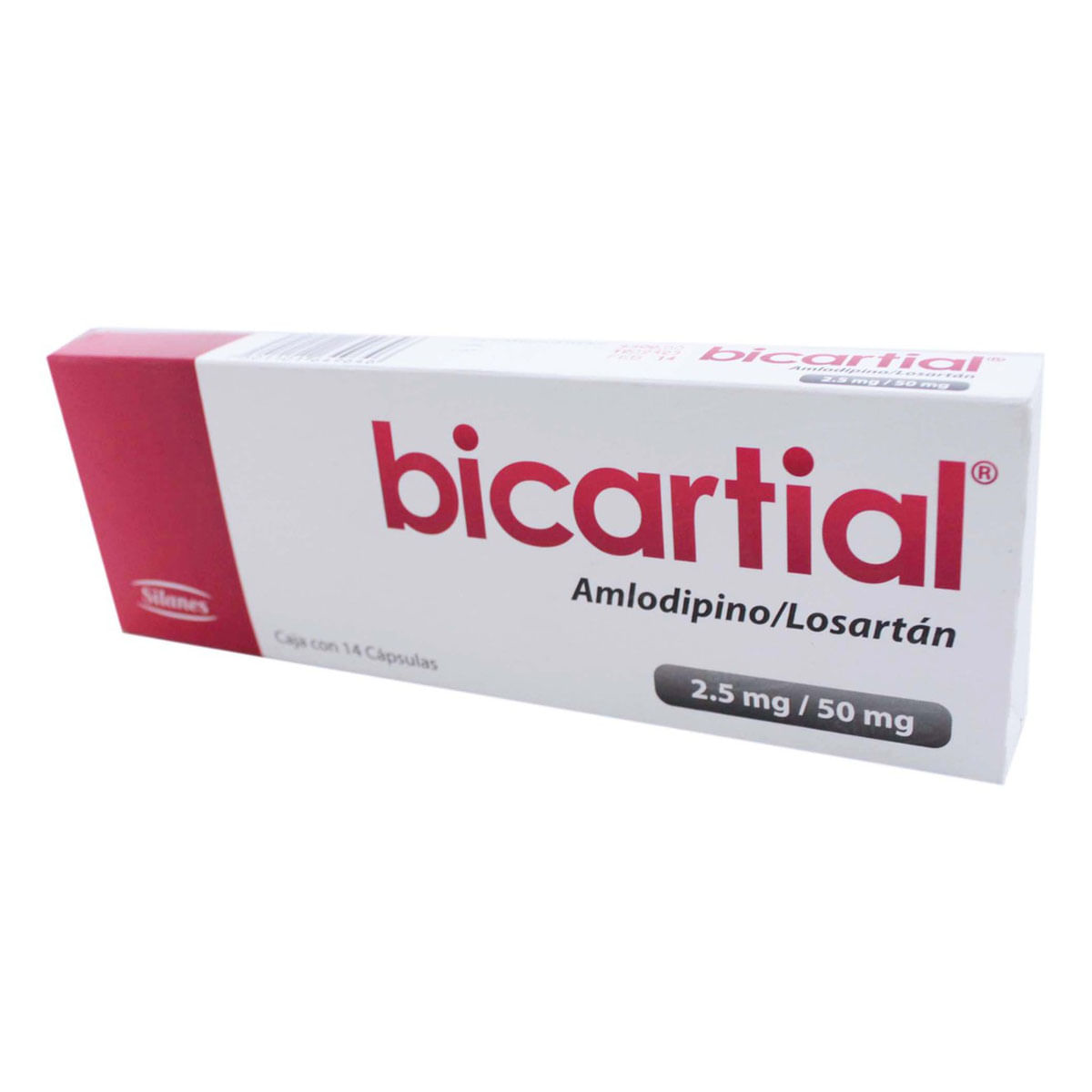 Cápuslas Bicartial 2.5/50 mg Amlodipino 2.5 mg Losartán 50 mg Caja con 14 Cápsulas