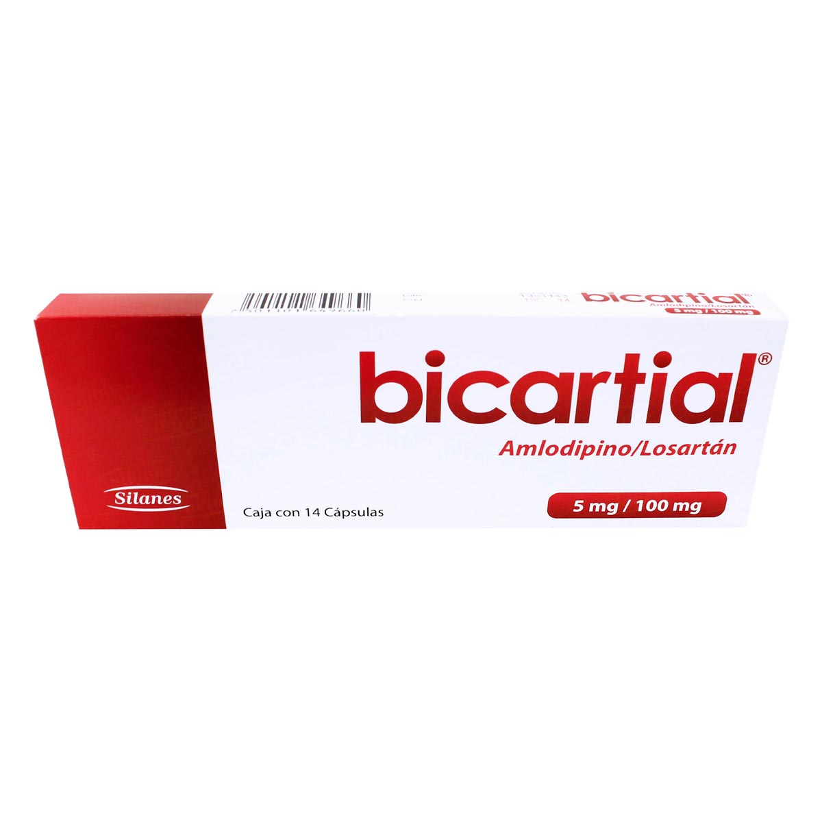Cápsulas Bicartial 5/100 mg Amlodipino 5 mg Losartán 100 mg Caja con 14 Cápsulas