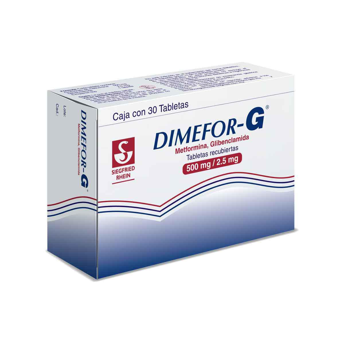 Dimefor G 850 mg / 2.5mg - Caja con 30 tabletas (Metformina y Glibenclamida)
