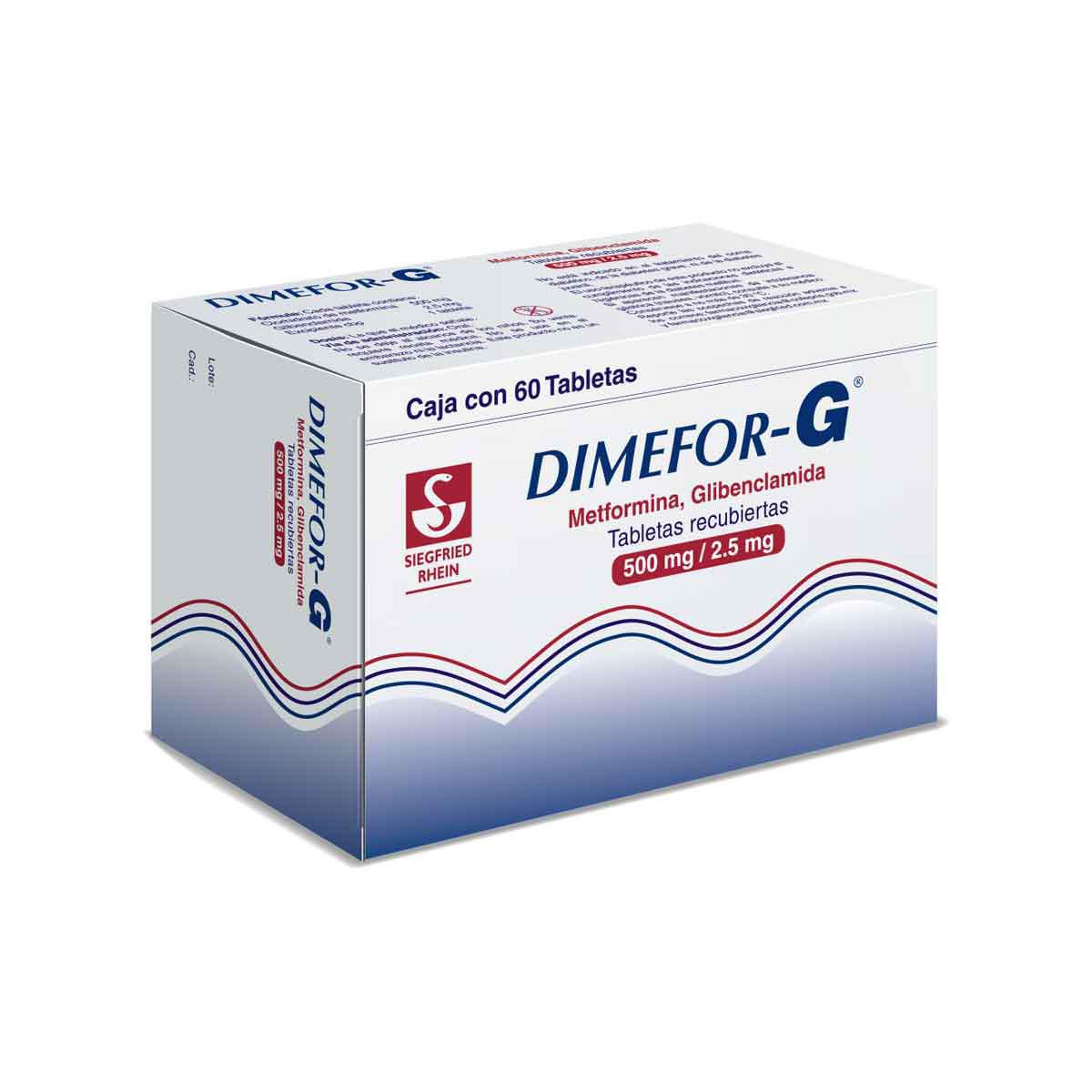 Dimefor G 500 mg / 2.5mg - Caja con 60 tabletas (Metformina y Glibenclamida)