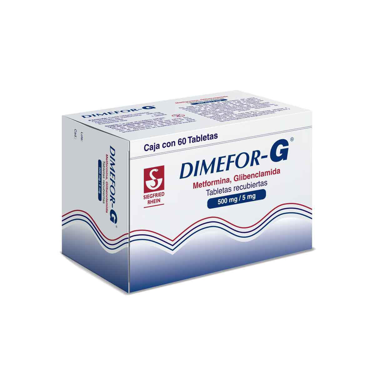 Dimefor G 500 mg / 5 mg - Caja con 60 tabletas (Metformina y Glibenclamida)