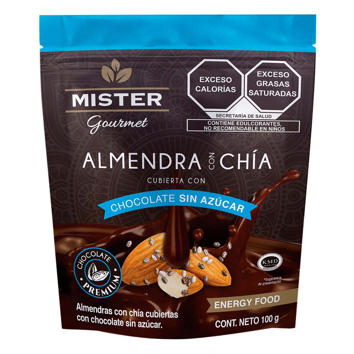 Almendra Con Chocolate Sin Azúcar Y Chía Mister Gourmet 100g