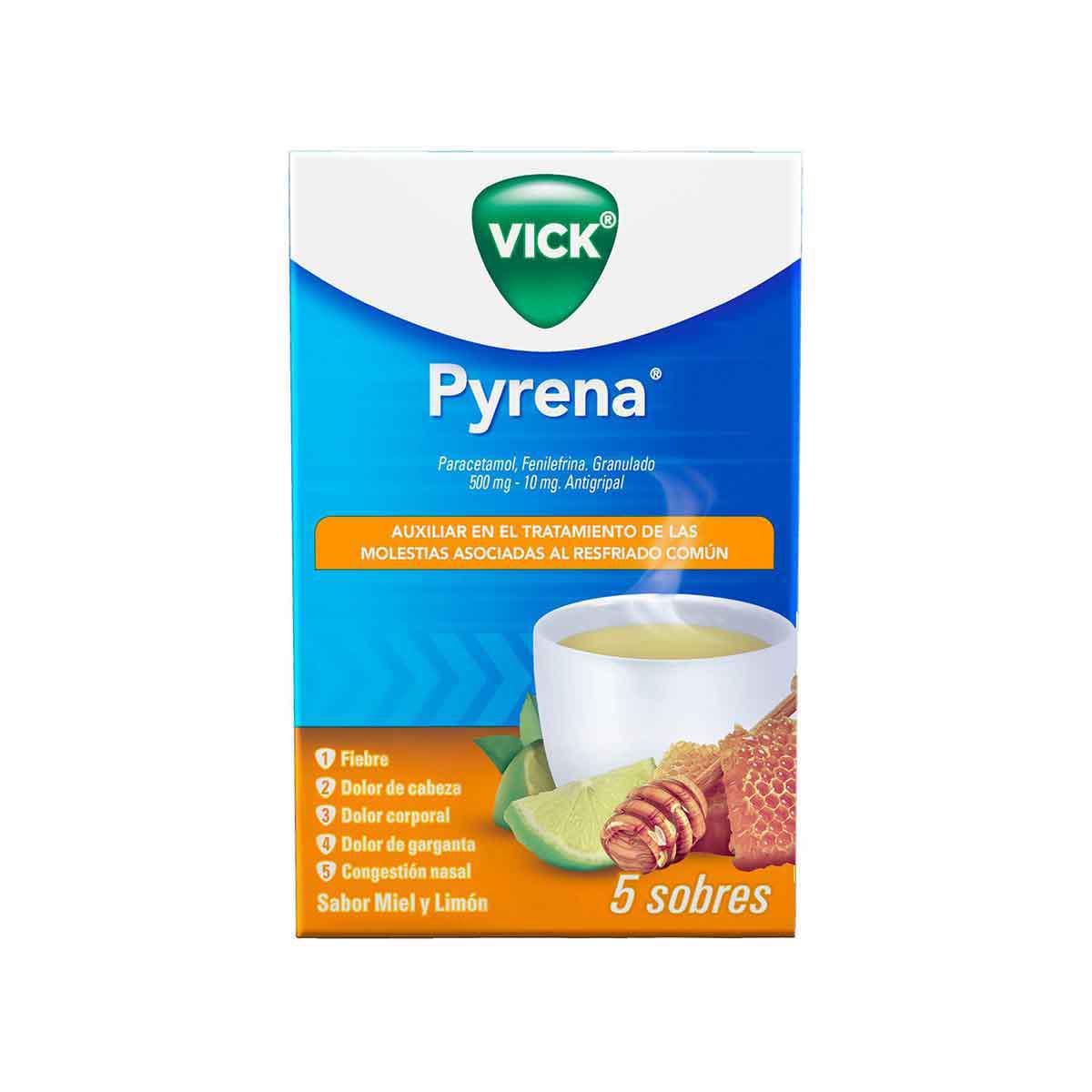 Vick Pyrena Alivio y confort para los síntomas de la gripa 5 sobres miel-limón