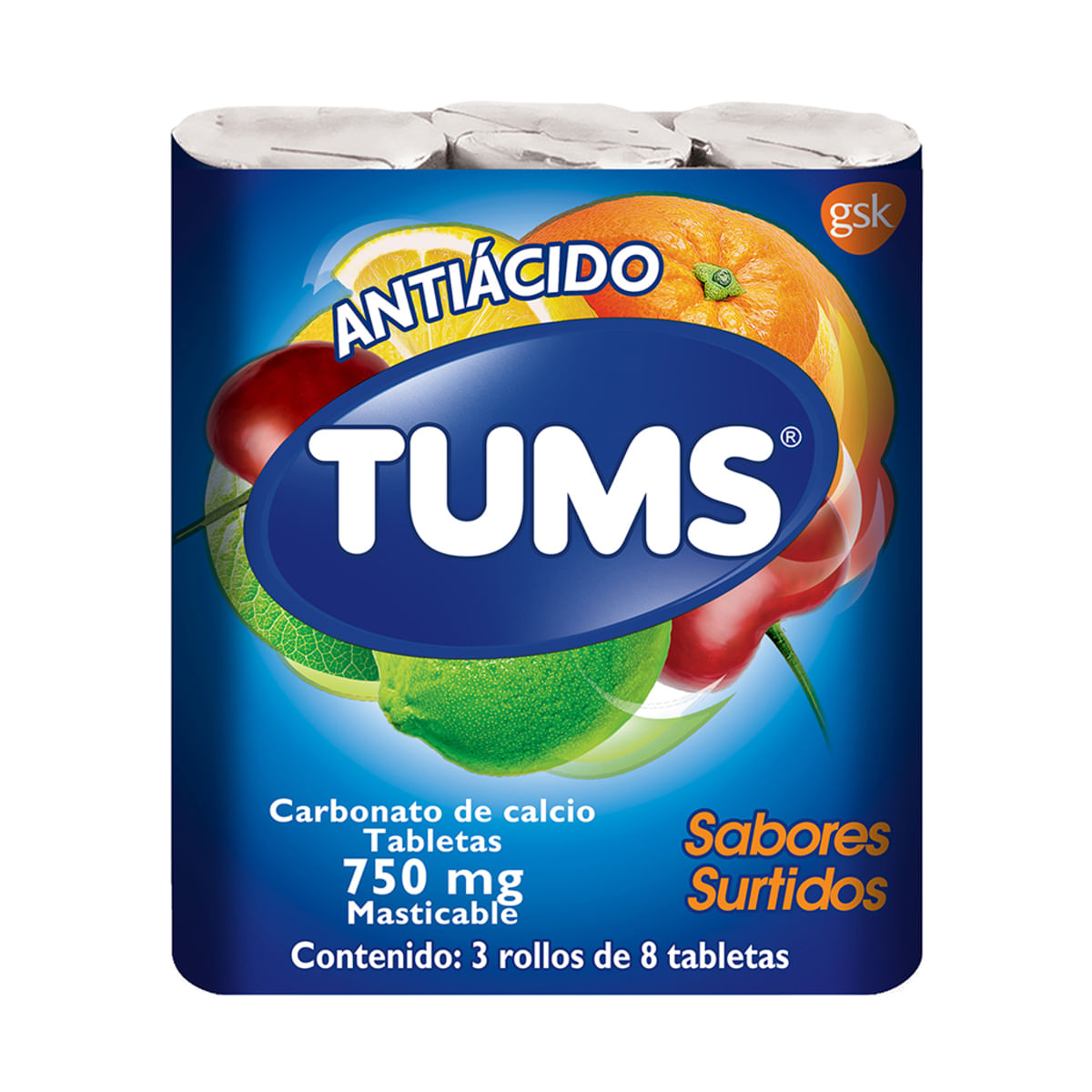 TUMS Antiácido Tabletas Masticables Extra Surtido 24 Tabletas (3 rollos de 8 tabs c/u)