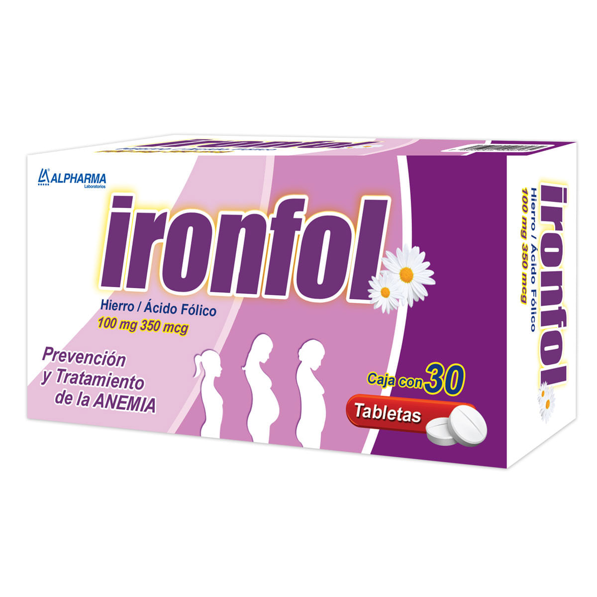 Tabletas Ironfol Hierro y Ácido Fólico Antianémico, Ironfol, 30 tabletas de Hierro(100mg) y ácido fólico (350 mcg)