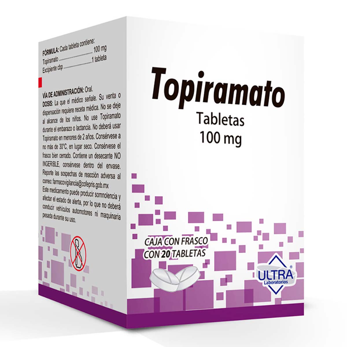 Tabletas Genéricas Topiramato 100mg Frasco con 20 Tabletas.