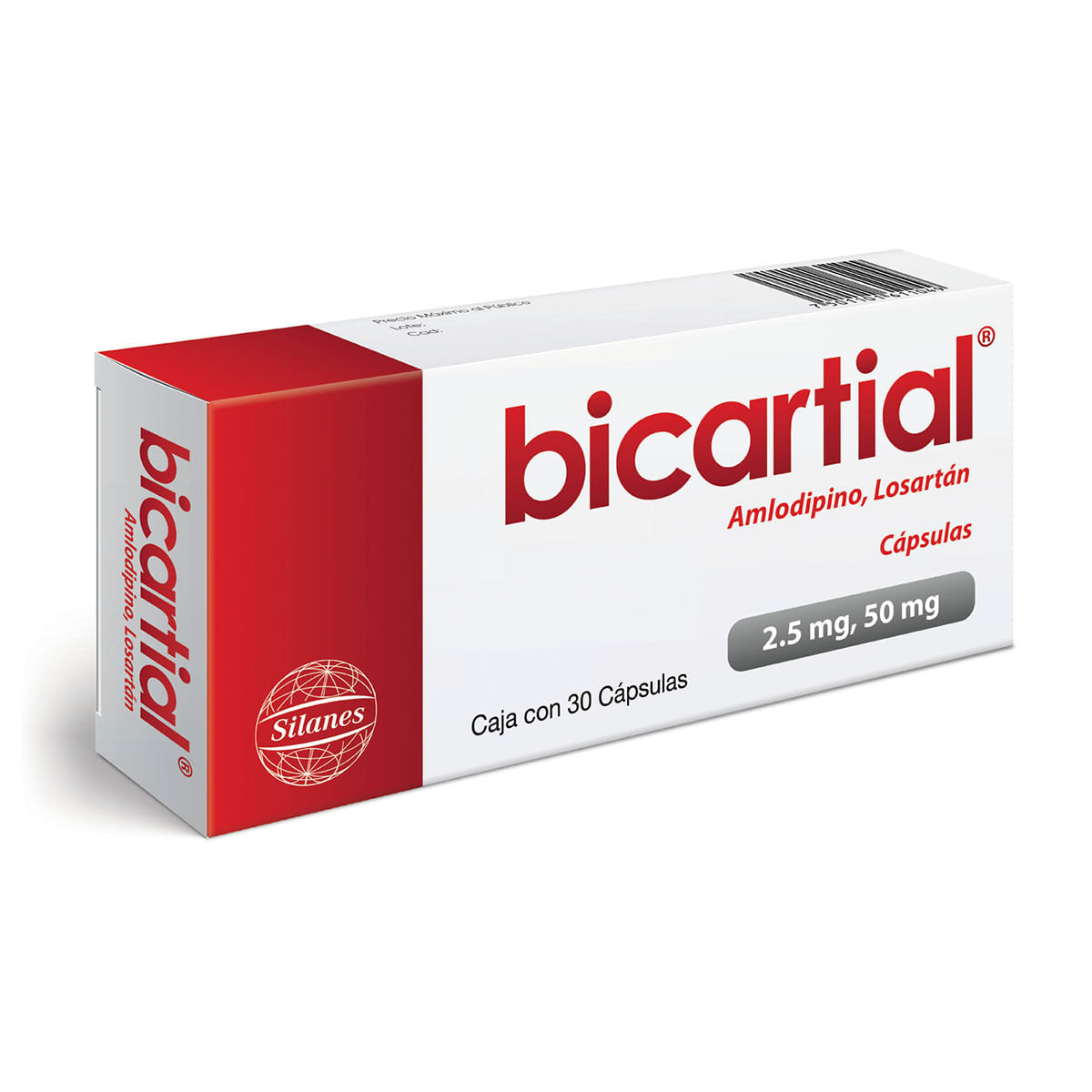Cápsulas Bicartial 2.5/50 mg Amlodipino 2.5 mg Losartán 50 mg Caja con 30 Cápsulas