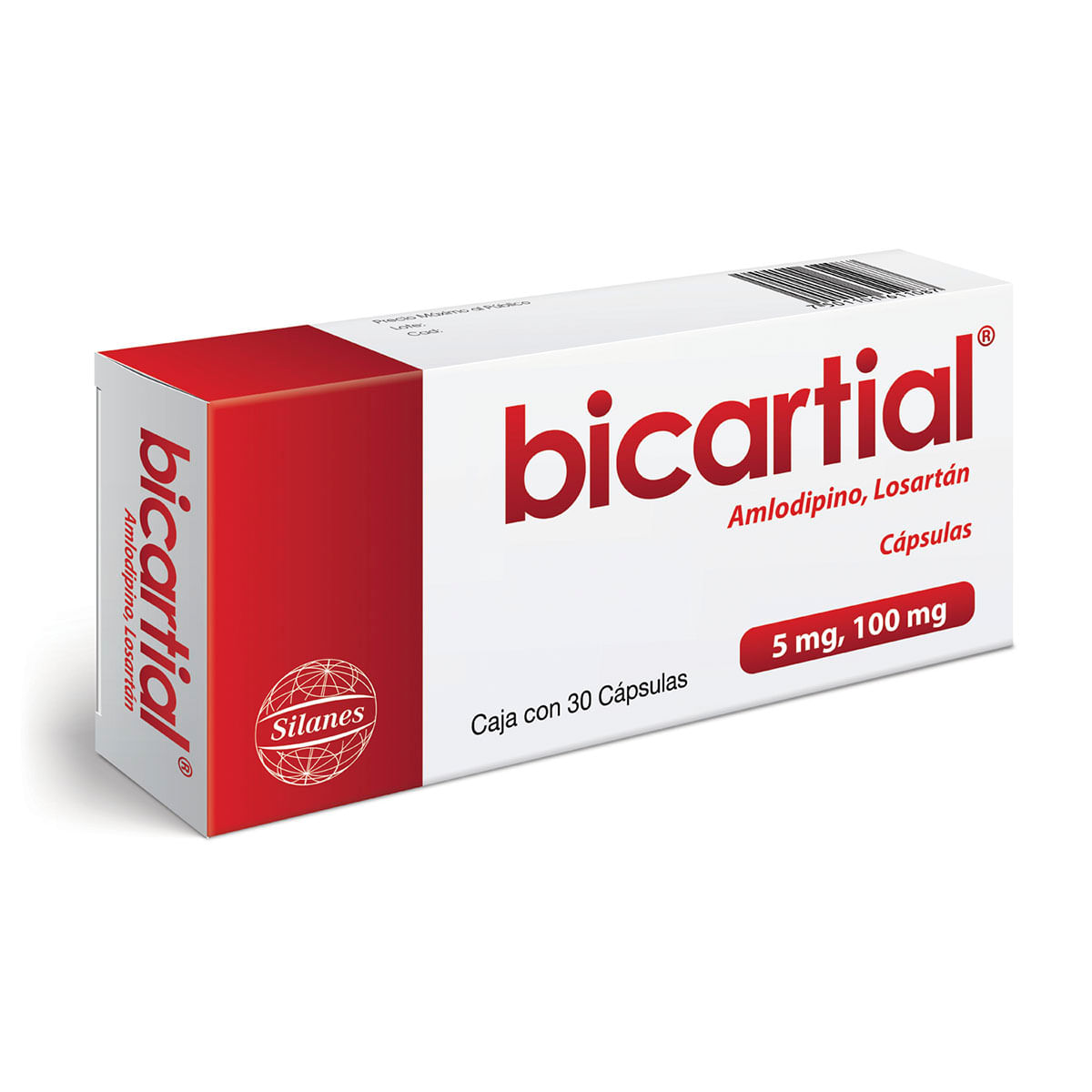 Cápsulas Bicartial 5/100 mg Amlodipino 5 mg Losartán 100 mg Caja con 30 Cápsulas