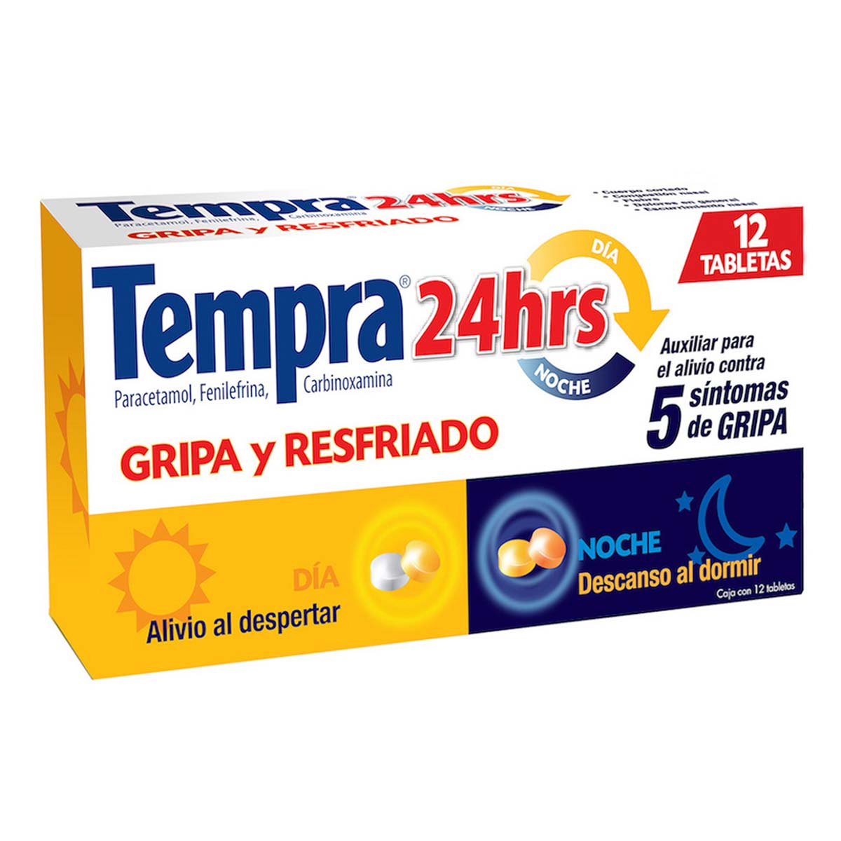 Tabletas Tempra 24Hrs para Gripa y Resfriado 12 Tabletas