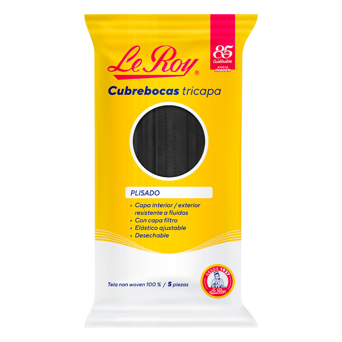 Cubrebocas Le Roy Desechable Color Negro con Diseño 5 Piezas
