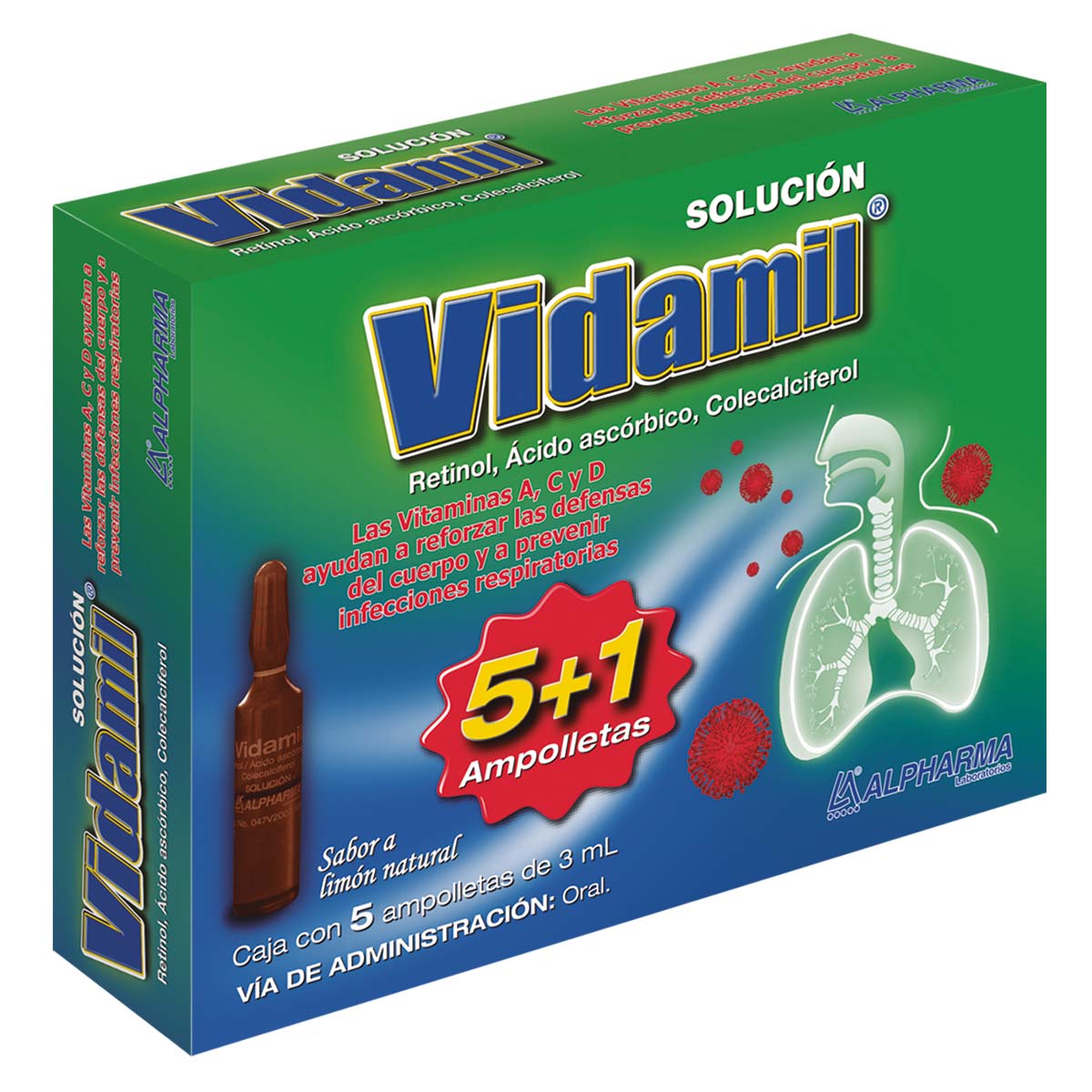 Solución Oral Vidamil Vitaminas A,C,D Caja con 5 Ampolletas de 3ml