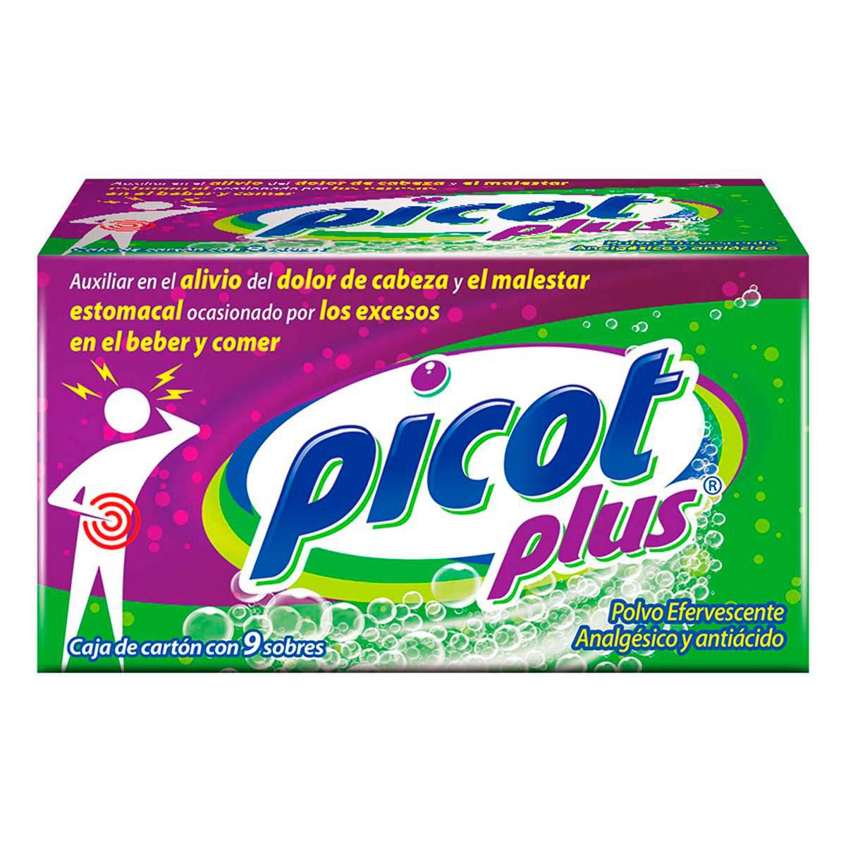 Picot Plus Analgésico y Antiácido Polvo Efervescente caja con 9 sobres