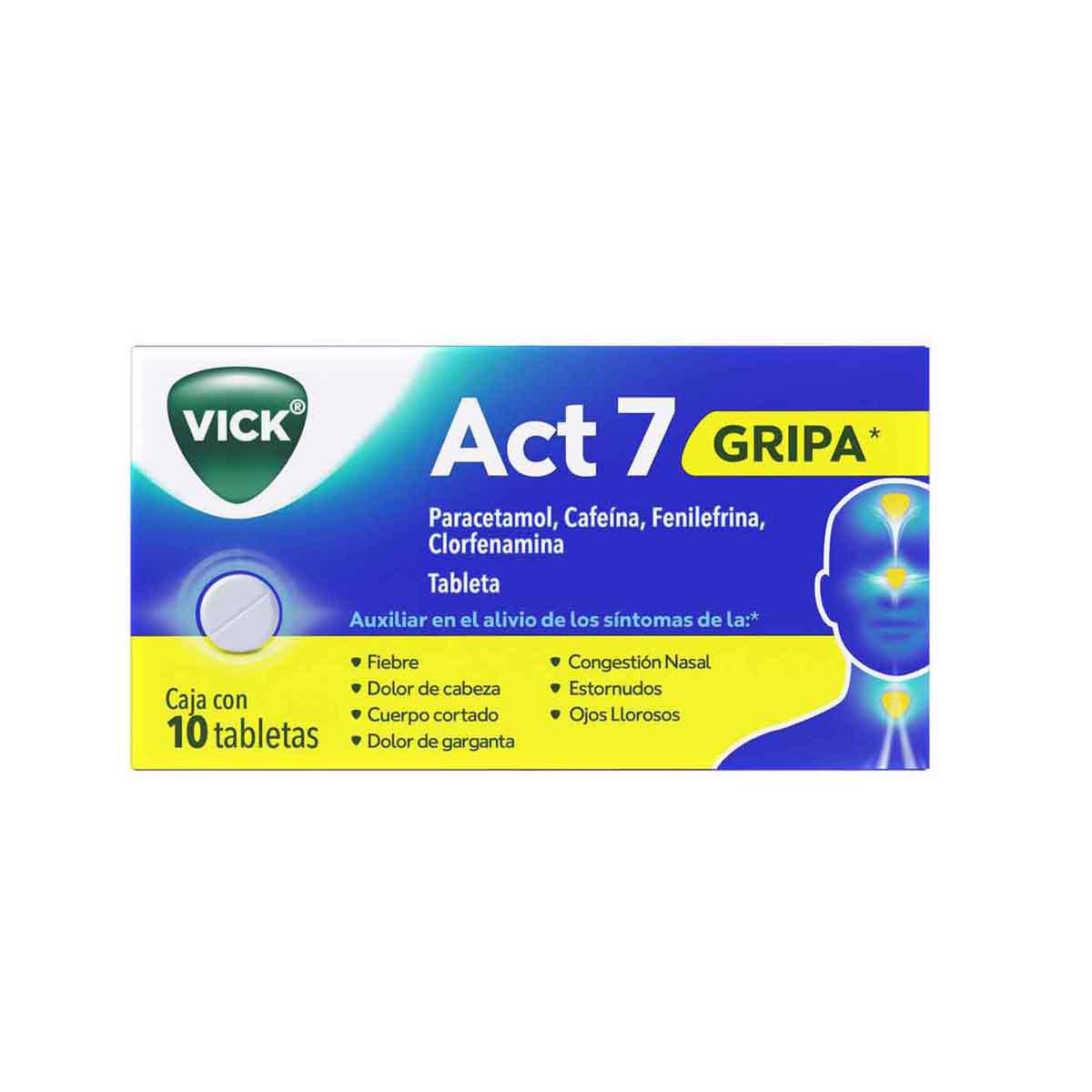Vick Act7 en tabletas para el alivio de 7 síntomas de la gripa 10 tabletas