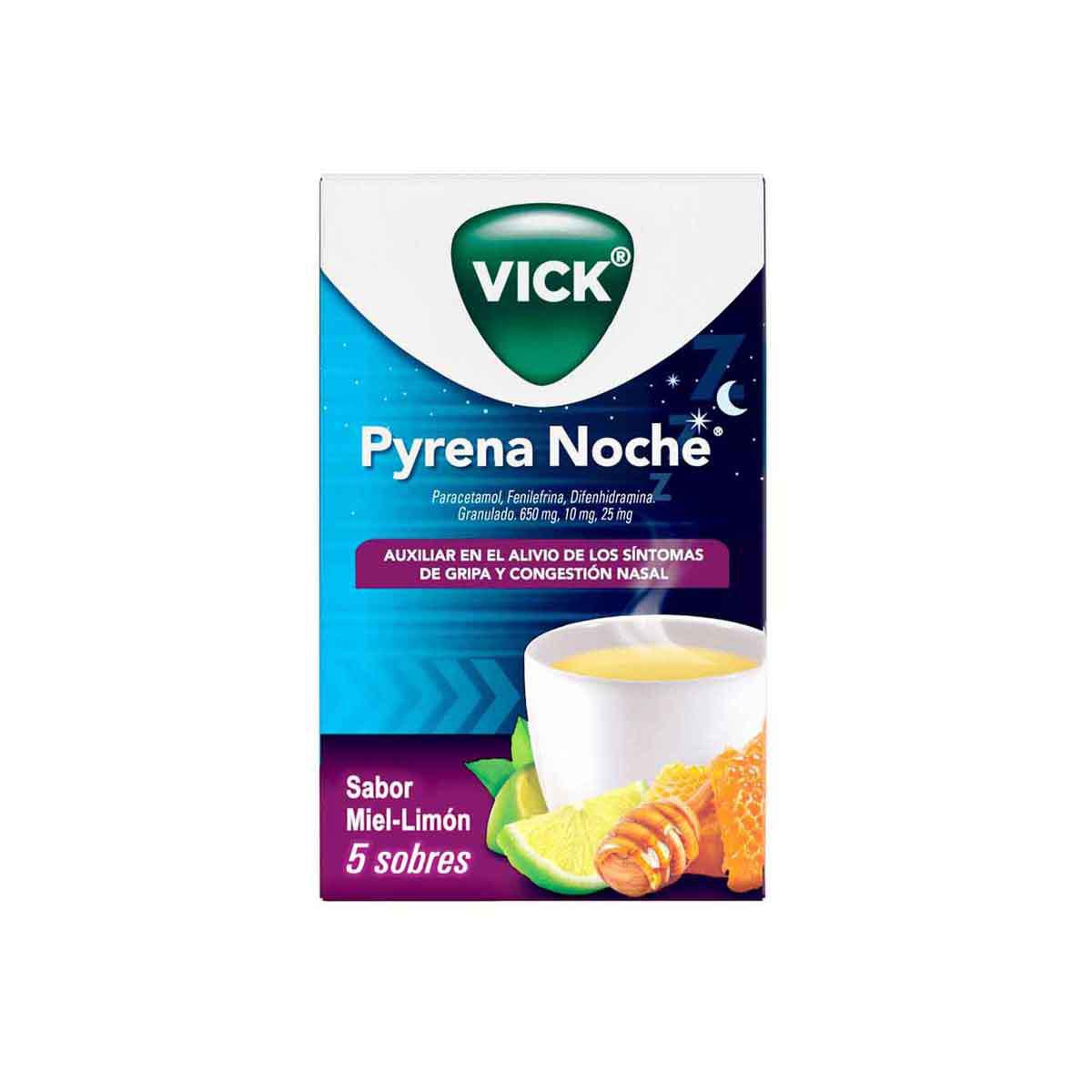 Vick Pyrena Noche Sobres Alivia los síntomas de la gripa y ayuda a dormir 5 sobres