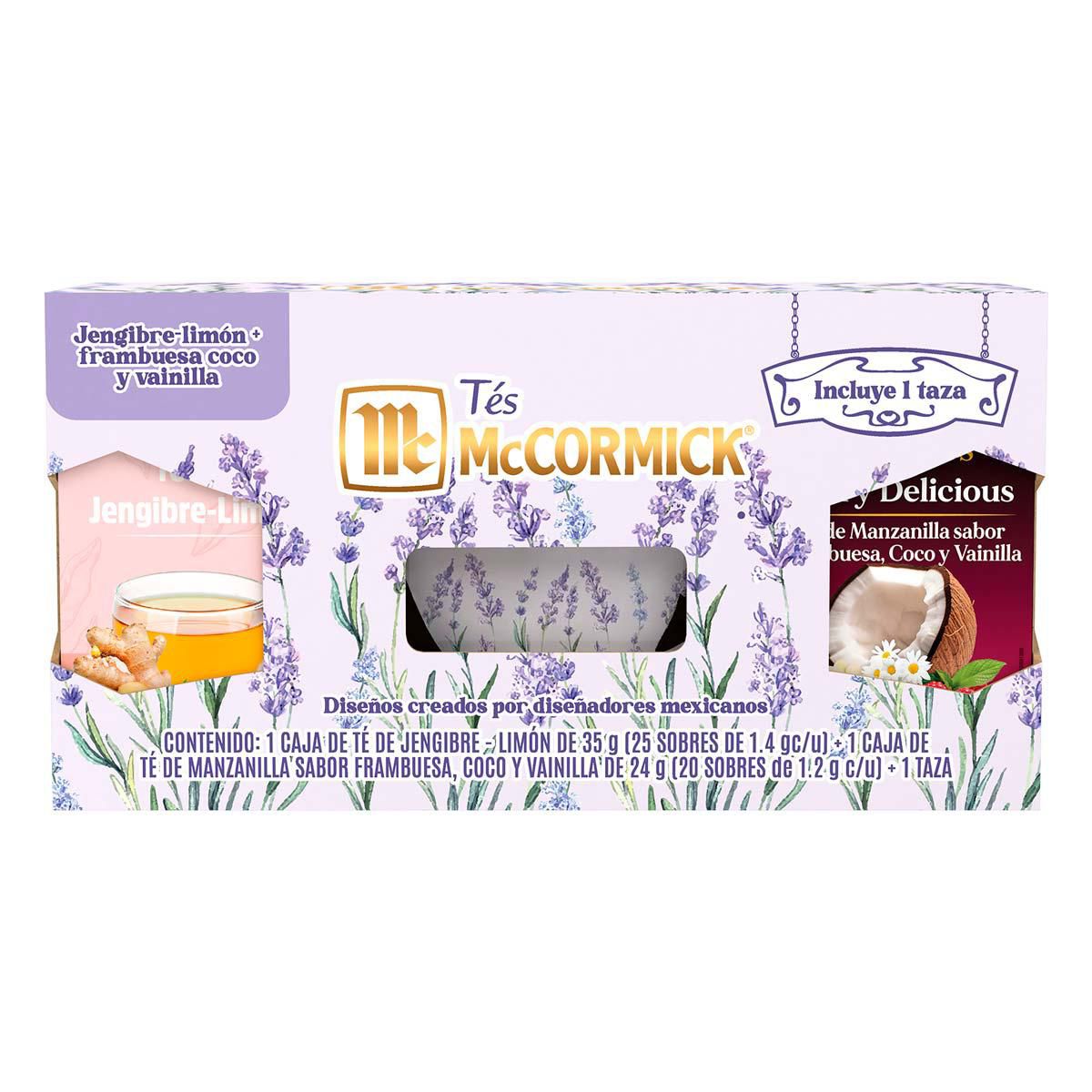 Té McCormick Jengibre Limón y Té Manzanilla Frambuesa, Coco y Vainilla con Taza Lavanda 3 pzs