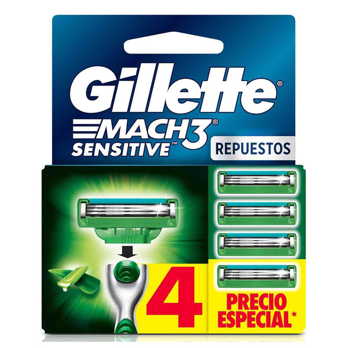 Rastrillo Gillette Mach3 Sensitive 4 Repuestos con Aloe, Piel Sensible